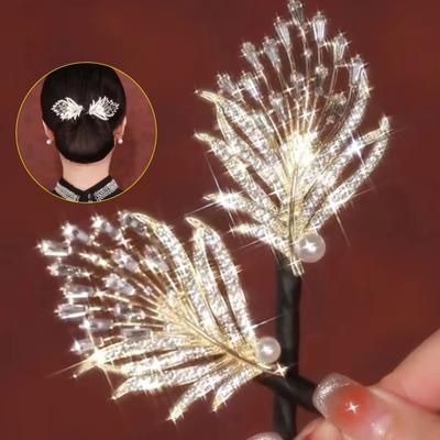 Grampo de cabelo com design de penas de strass, modelador de cabelo elegante, modelador de coque hábil, acessórios longos e grossos para cabelos femininos