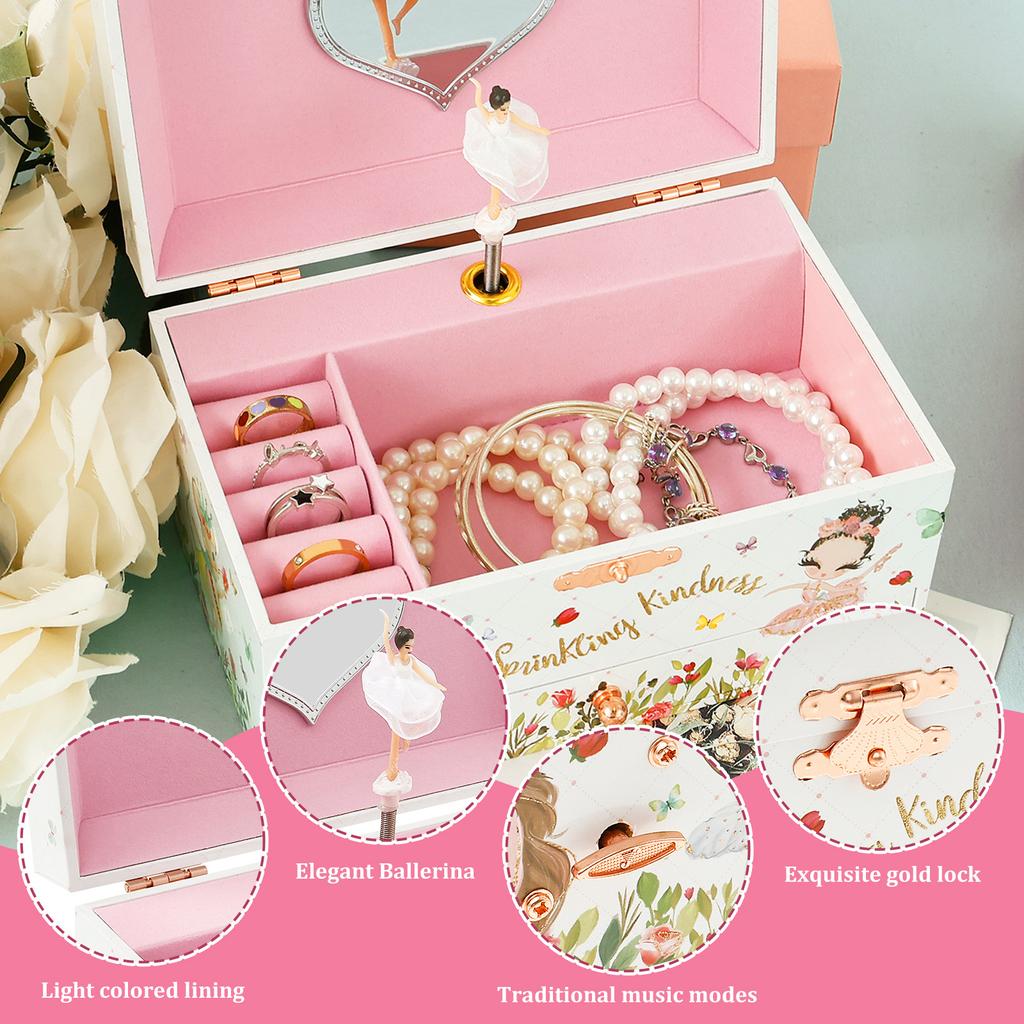 Princess Musical Jewelry Storage Box Decorative Jewelry Organizer Box with Drawer Bracelet Ring Holder Case for Girls Kids Gifts