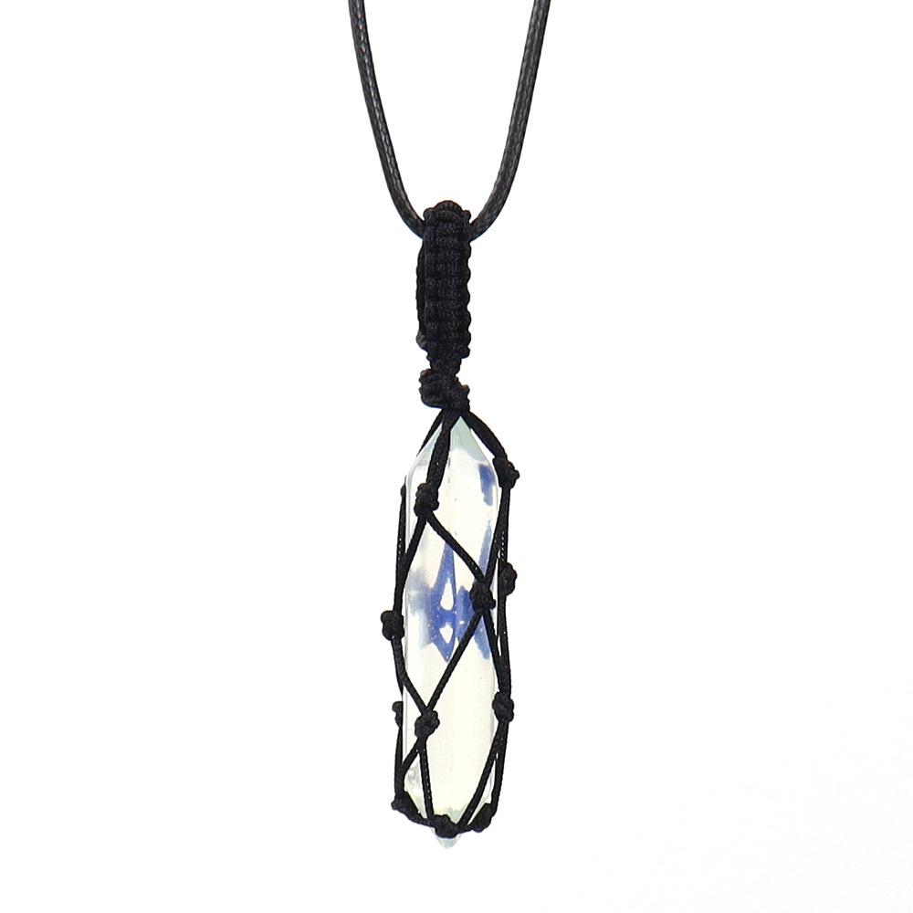 Hand-Woven Double-Pointed Hexagonal Prism Crystal Rough Stone Natural Stone Black Mesh Pocket Necklace N711 purely natural
