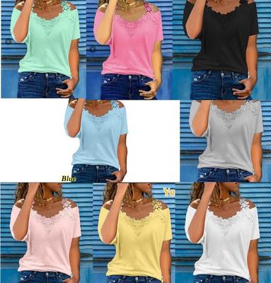 Europäisches Damen-T-Shirt mit V-Ausschnitt, Spitze und Hohlsaum, lässig und locker, kurzärmelig.