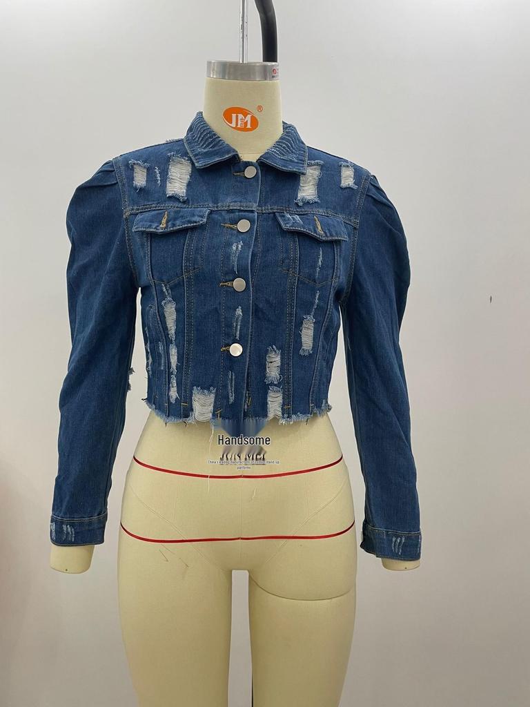 Women's Puff Sleeve Ripped Denim Jacket