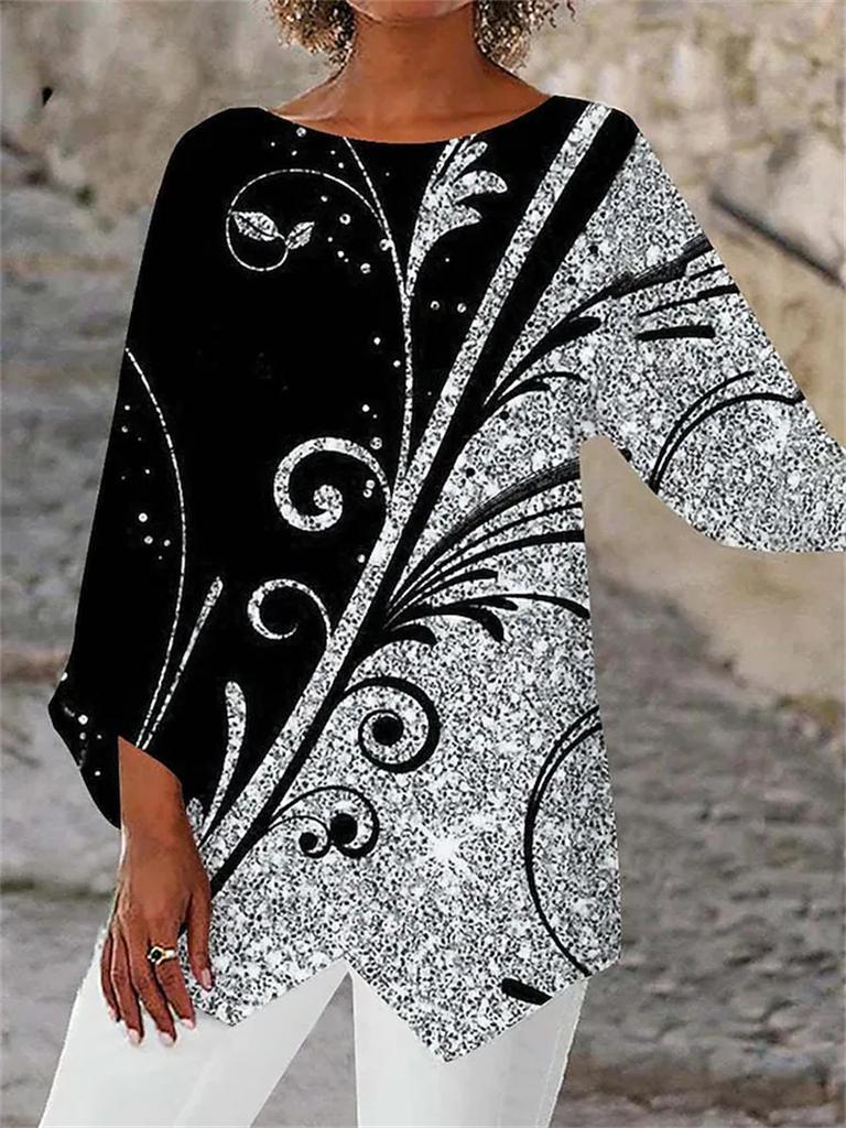 Fashion Geometric Printing Crew Neck Women Shirt Spring Summer Loose Plus Size Office Long Blouse Streetwear Casual Irregular Tops Elegant Clothing
