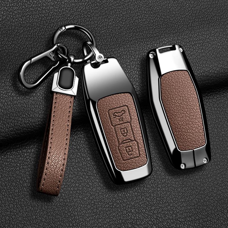 Zinc Alloy Leather Car Key Case for A5 A6L 2025 Keychain Remote Protection Cover Shell Fob Bag Ring Accessories