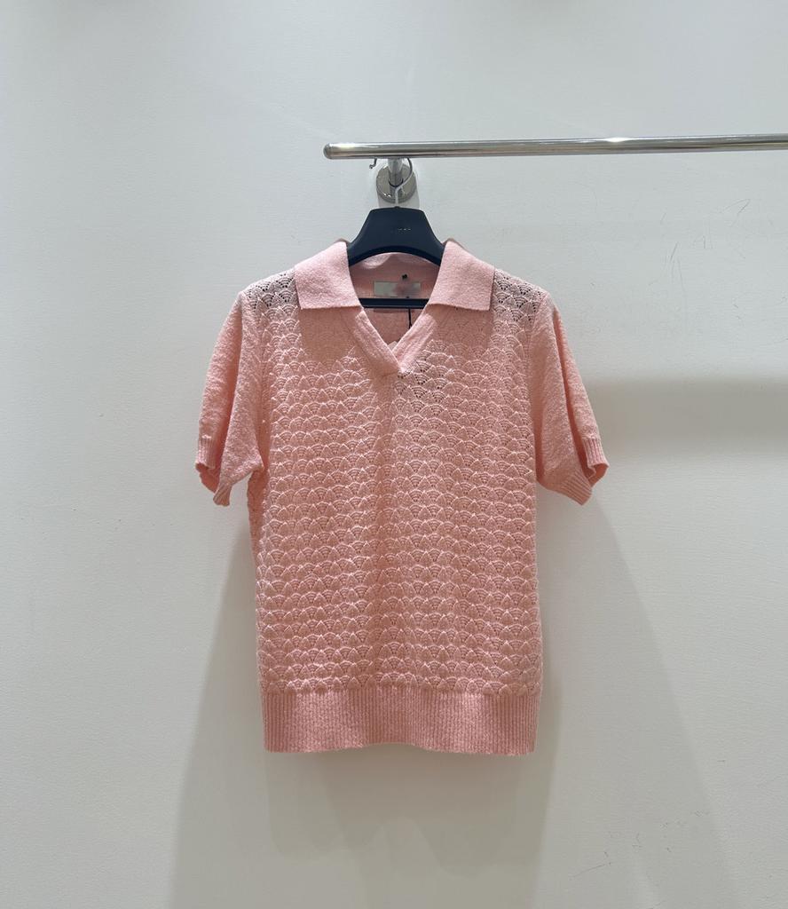 26 new spring and summer solid color pullover knitted short-sleeved t-shirt wool knitted top temperament lapel high-end women's clothing