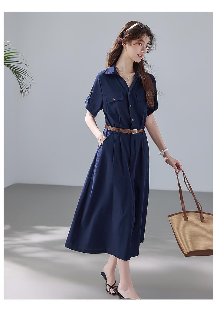 Relaxed Lapel Short-Sleeved Dress with Lining
