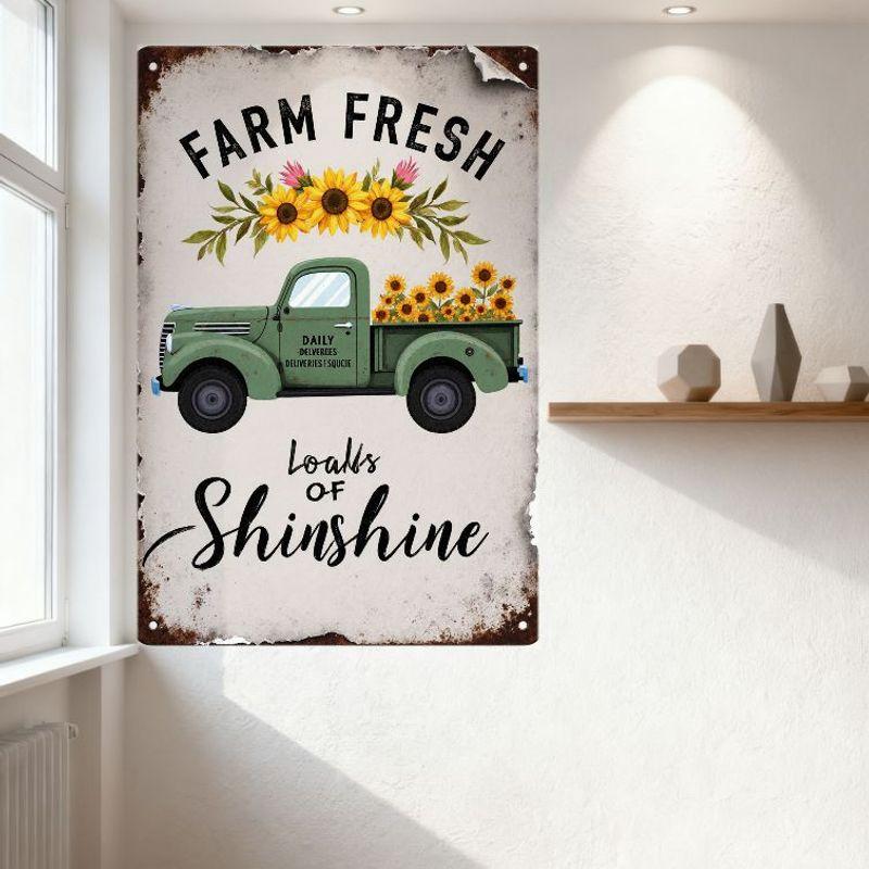 Vintage Farm Fresh Metal Tin Sign, Rustic Green Pickup Truck with Sunflowers & Flowers, Daily Deliveries & More Loads of Shine f