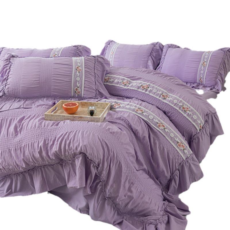 French Seersucker Embroidered Lace Duvet & Sheet Set, 3-Piece Bedding