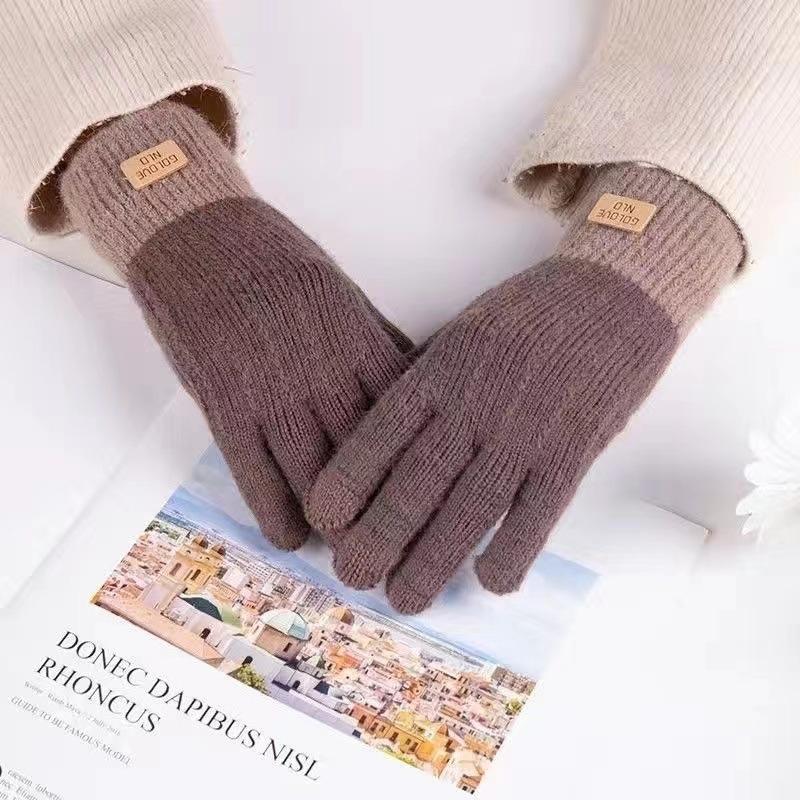 Winter Gloves Winter Girl Thickened Five-finger Student Cute Knitted Cold-proof Riding Touch Screen Warm Cycling Gloves