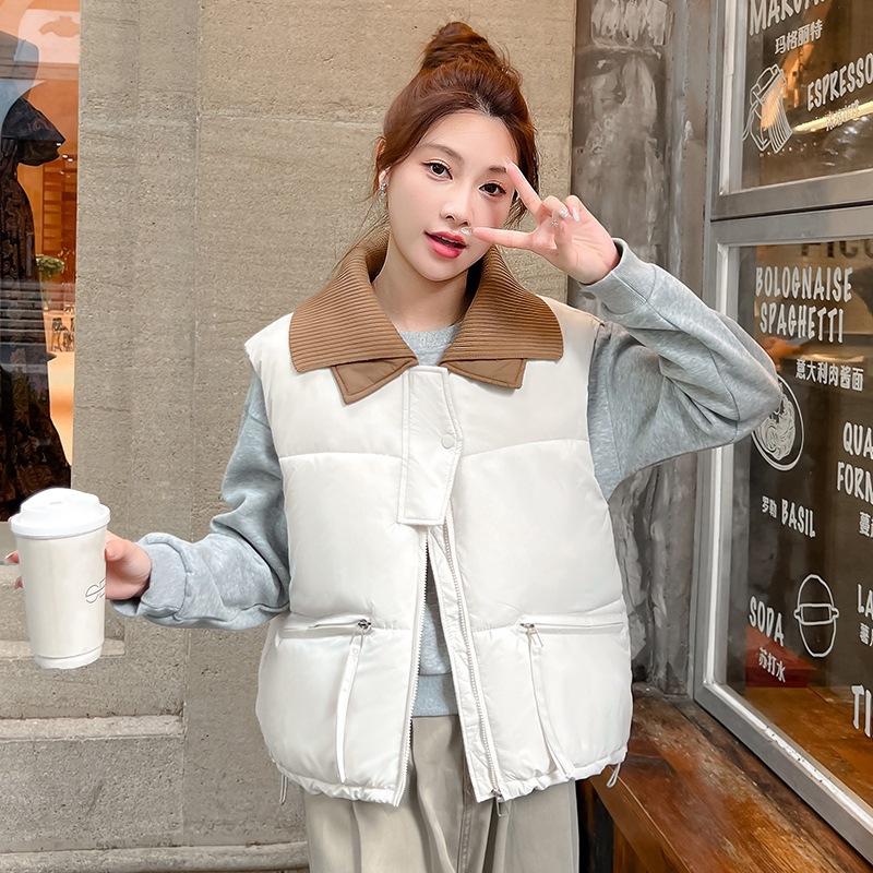 Stickad krage dun bomullsväst dam höst och vinter kort lös bomullsväst bomullsjacka väst ståkrage väst ute