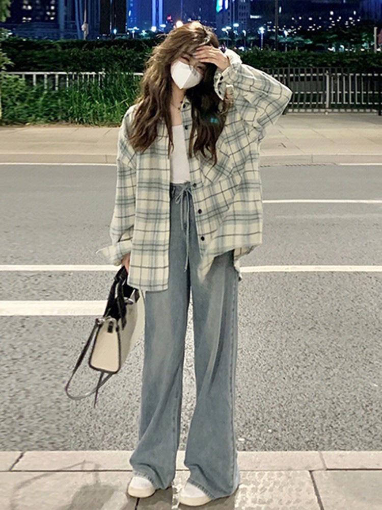 

Высококачественная рубашка в клетку в стиле ретро с длинным рукавом для женщин - Куртка в корейском стиле 2024 года для осени и весны Large светло-зеленый