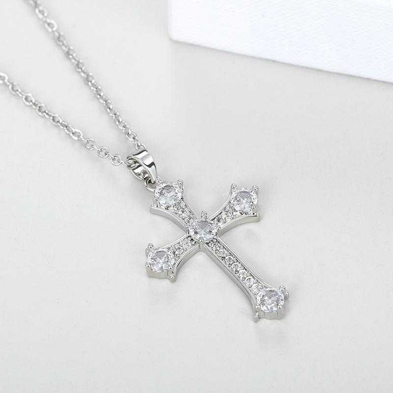 Five Large Round Stone Full Paved Side Cross Pendant Thin Link Chain Faith Inspired Unisex Neck Jewelry