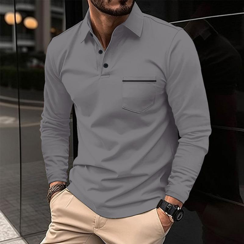 Spring Long Sleeve V-neck Casual Top for Men with Button Pockets