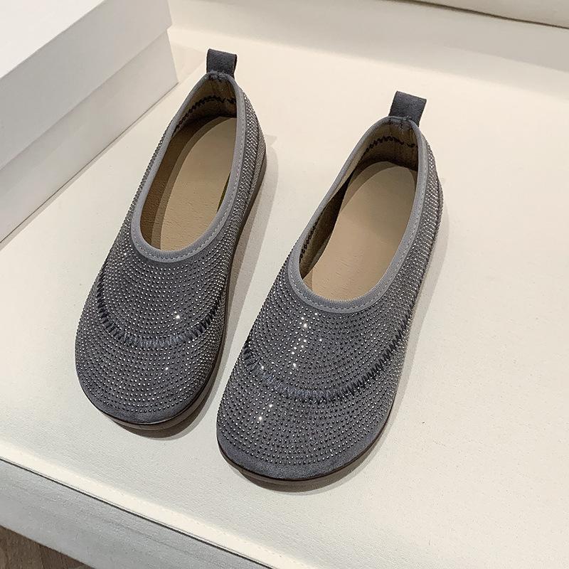 Fashion Women Flats Rhinestone Mesh Breathable Sneakers Women Soft Bottom Knit Ballet Loafers Shoes Casual Slip on Boat Shoes for Women