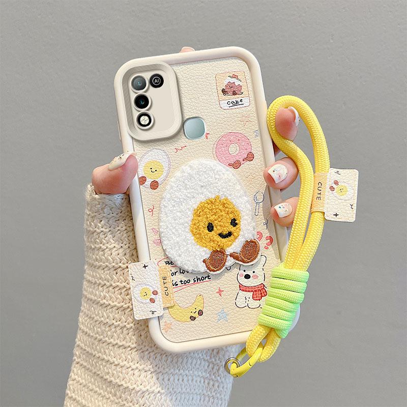 KEYSION Cartoon Cute Plush Embroidery Case for Infinix Hot 11 Play with Lanyard PU Leather Shockproof Phone Cover for Infinix Hot 10 9 Play