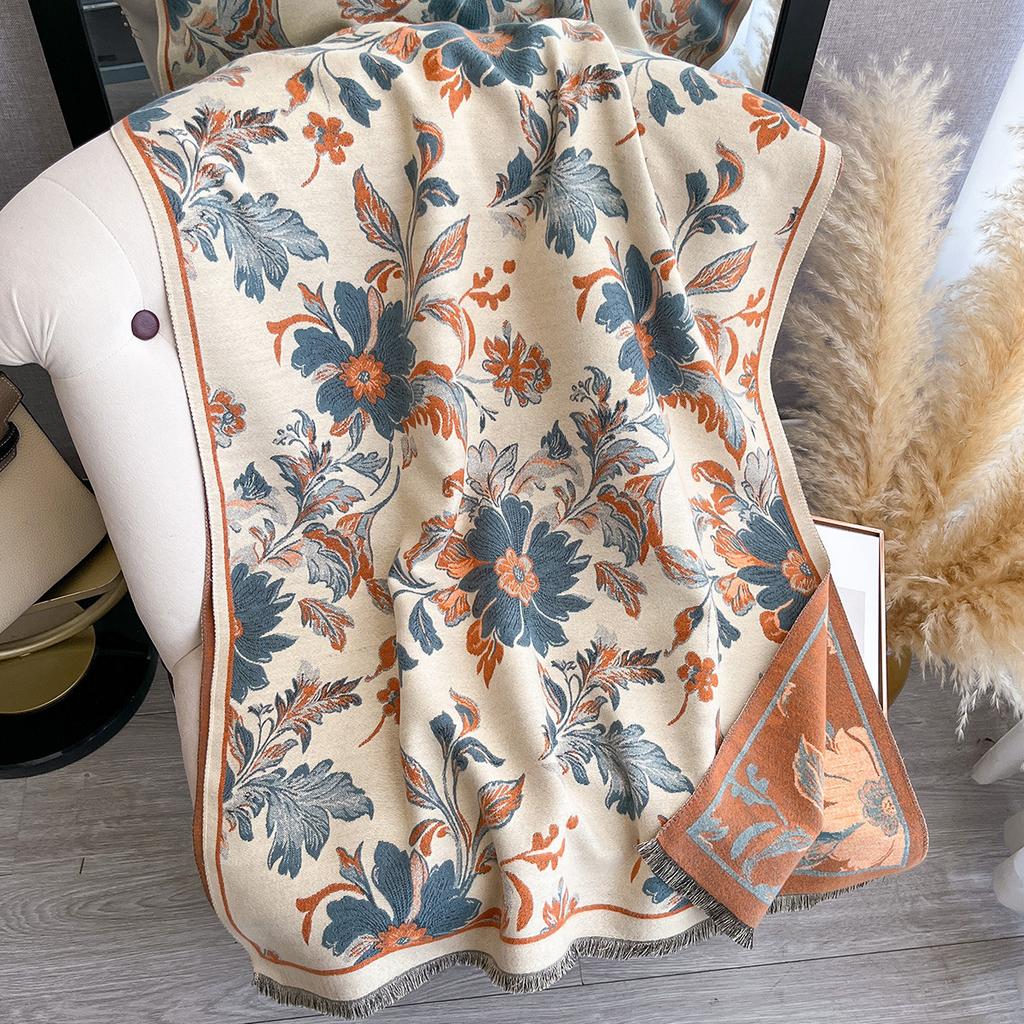 Ethnic Style Flower Imitation Cashmere Scarf Women'S Winter Thickened Double-Sided Air Conditioner Shawl Scarf