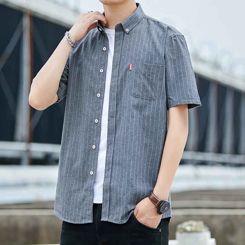 

Летняя мужская полосатая повседневная рубашка с коротким рукавом и карманным лейблом, удобные базовые рубашки, тонкий универсальный топ XXXL серый