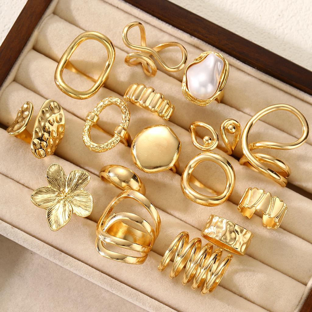 16pcs Gold Color Irregular Pearl Flower Rings Set For Women Fashion Boho Chunky Stackable Rings Party Daily Wear Jewelry Gifts