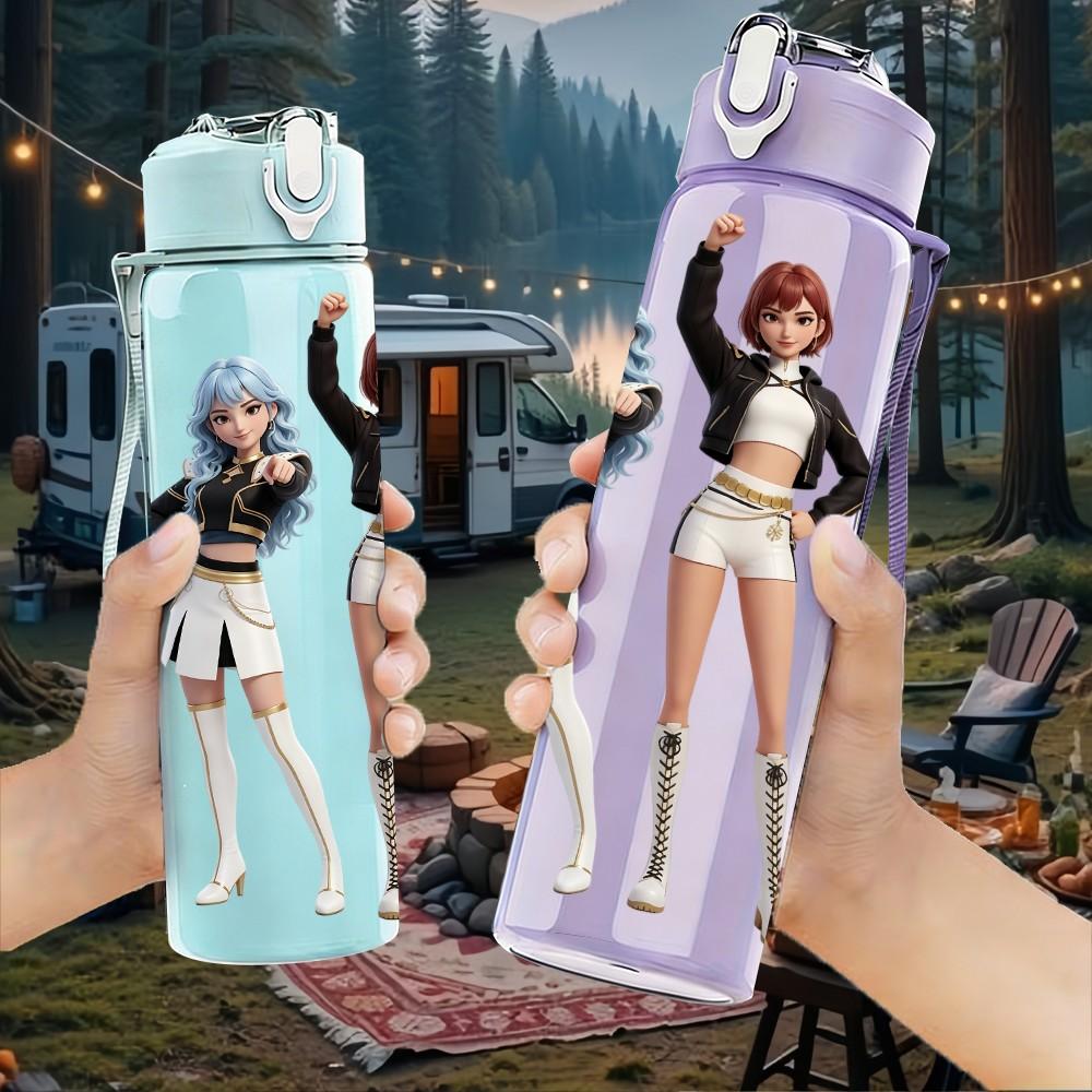 1PC Three Chibi Female Band Members 750ml Color Plastic Sports Water Bottle Leakproof Flip Straw Lid For Sports Office Home Use