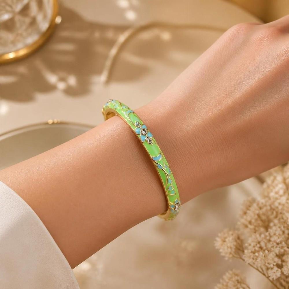 Chinese Style Enamel Flower Bangle Elegant Women's Floral Bracelet Vintage Cloisonne Bangle Bride