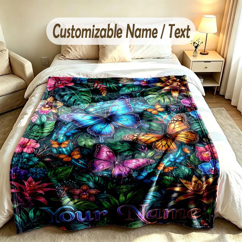 Butterfly Theme Soft Blanket Personalized Custom Name Text Print Warm Blanket Home Sofa Bedroom Decor