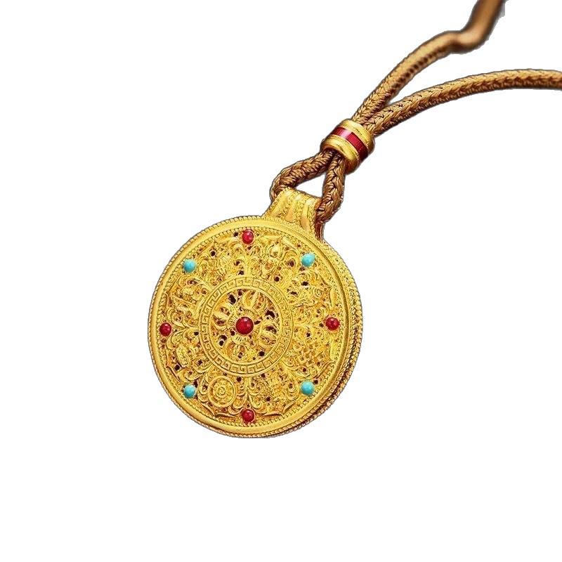 Gold-Plated Enamel Vajra Treasures Compass Amulet Necklace - Women's Good Luck Accessory