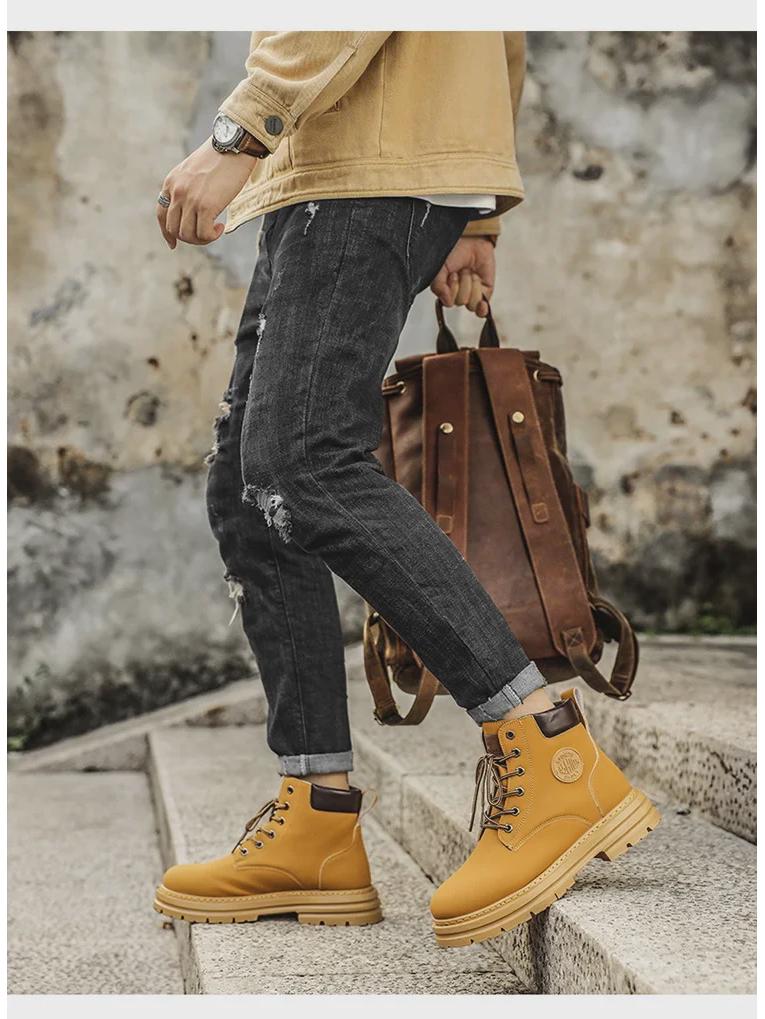 Herren Retro Britische High-Top Martin Arbeitsstiefel mit dicker Sohle - Rutschfest Wüstengelb.