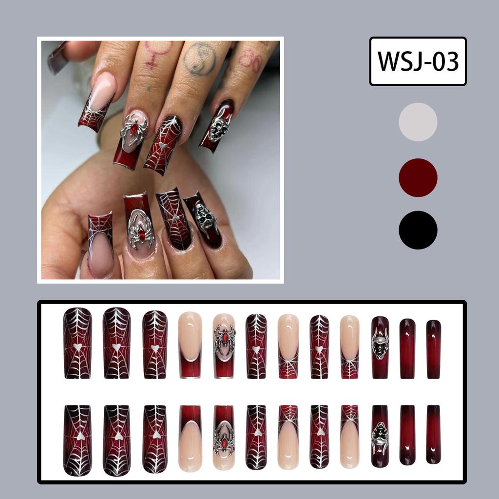 24 Stück Halloween Press-On Nägel Gothic Punk 3D Spinnen Schädel Design Falsche Nägel Schwarz Süß Cool Y2k Sarg Kopf Französische Falsche Nägel