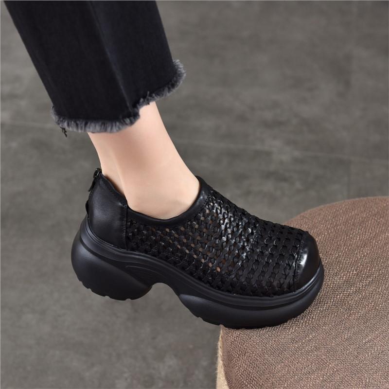 Johnature Thick Soled Height Increasing Genuine Leather Woven Sandals Hollow Breathable Women's Platform Shoes