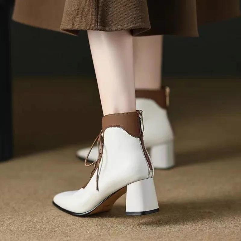 Modne Damskie Krótkie Buty Szpiczasty Nosek Do Pracy Sznurowane Botki na Kostkę dla Kobiet Duży Rozmiar Ciepłe Buty Y2k W Promocji Botki PU Moda 2025