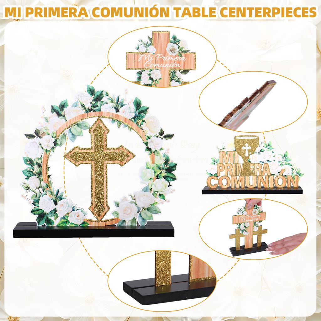 4 Pcs Mi Primera ComunióN Table Centerpieces Decoraciones Spanish Wooden First Holy Communion White Rose Gold Religious Cross Ba