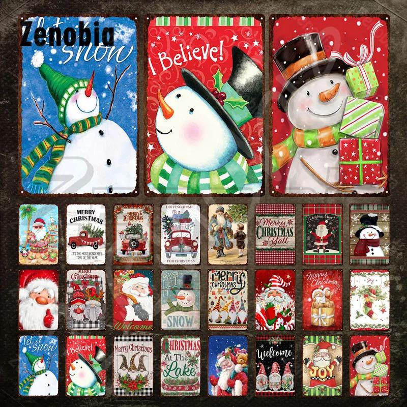Christmas Metal Sign Santa Claus and Snowman Vintage Tin Sign Metal Plate Holiday Merry Christmas New Year Home Wall Decoration