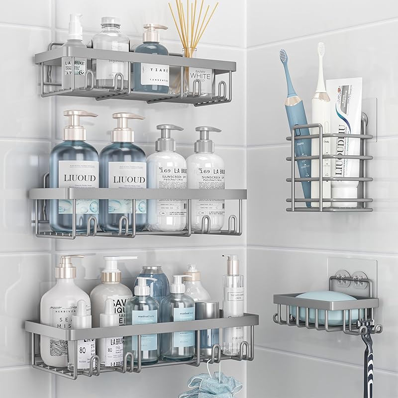 5 Pack Shower Caddy Organizer Rack Shelf for Inside Shower, Adhesive Bathroom Wall Storage Basket Rustproof Stainless Steel Shampoo Holder, Girly