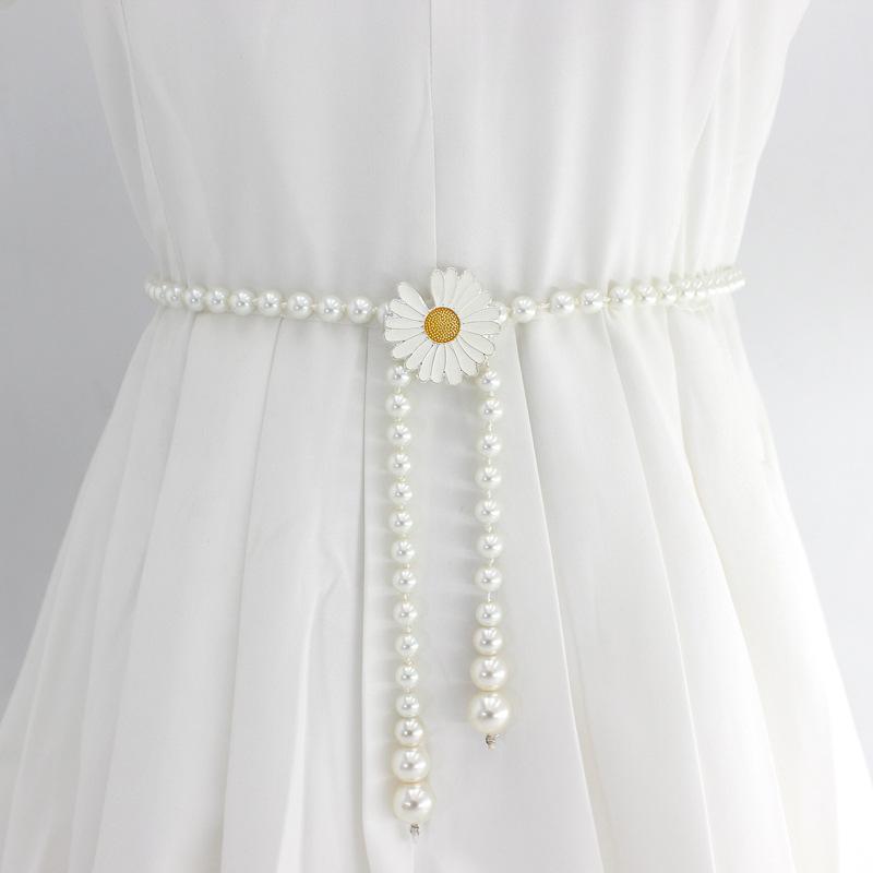 

Mei Mary Women s korean style sweet bow dress with pearl waist chain - ladies fashion decorative slim belt