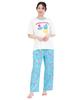 SAZAC Cosmic Hangyodon Pajama Powder Stretch Short Sleeve and Long Pants Loungewear X Set, Fabric, Women's Set, (White Blue/M/SAN1954)
