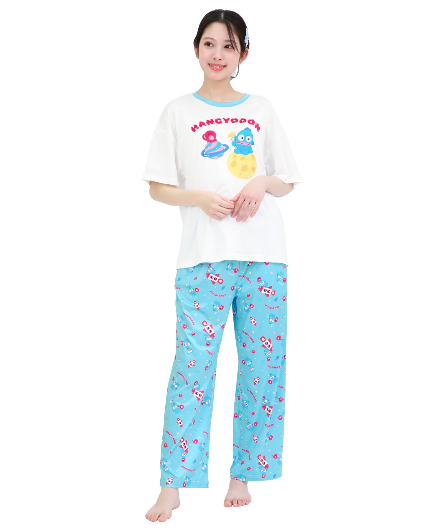 

SAZAC Космический Хангёдон Пижама Пудровый Стрейч С Коротким Рукавом и Длинными Штанами Домашняя Одежда х Комплект, Ткань, Женский Комплект, (Белый Синий/L/SAN1954)