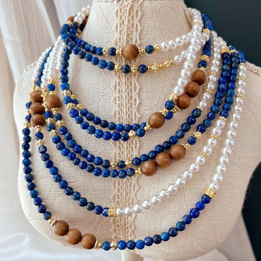 Vintage Natural Lapis Lazuli Sandalwood Autumn And Winter Merad Small Long Chain Sweater Chain Necklace Collarbone Chain