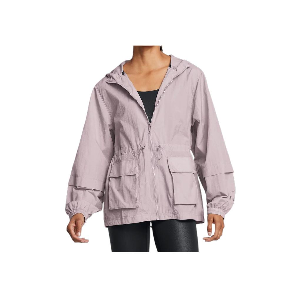 Under Armour Solid Color Pleated Woven Hooded Zip Work Jacket Women jackets Fatigue-Gray 1386455-015