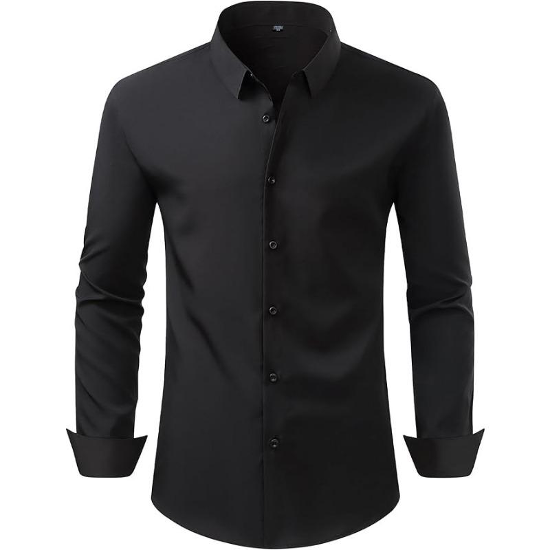 Men S Long Sleeve Formal Shirt Solid Color Stretch Black Buckle No Iron Wrinkle Resistant