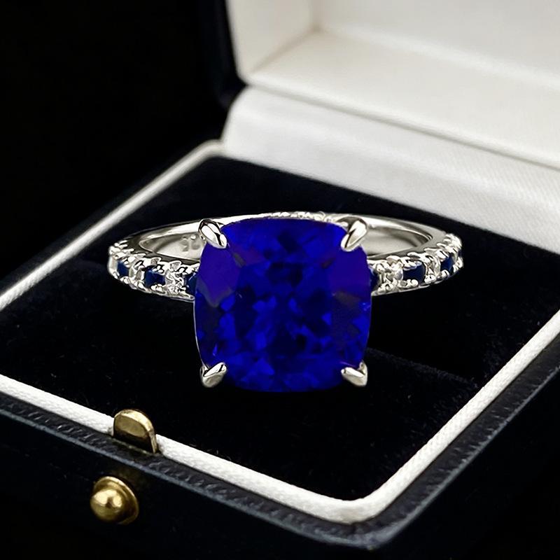 

Luoxi Temple Jewelry S925 Silver Luxury Blue Square Cushion Ring for Women Size 9
