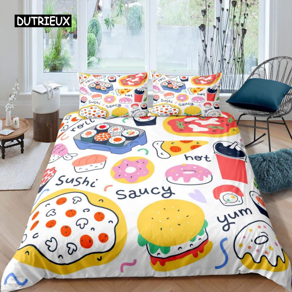 American Fast Food Duvet Cover Set Full Size Polyester Pizza Hotdog Hamburger Print Bedding Set French Fries Cartoon Quilt Cover
