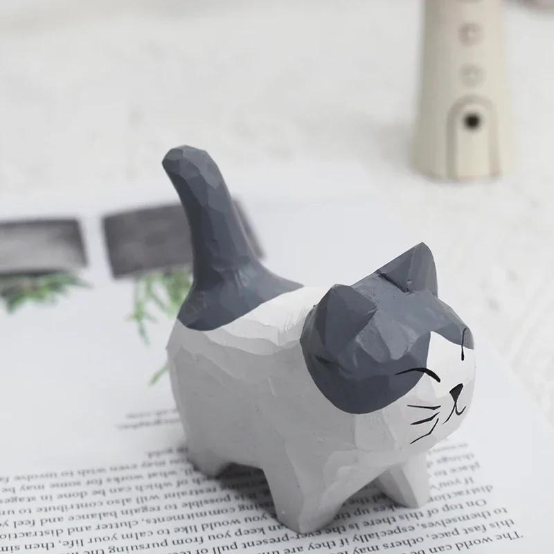Handmade Wood Carving Kitten Ornaments Creative Little Cat Small Animal Desktop Decoration Landscaping Handicraft Gift