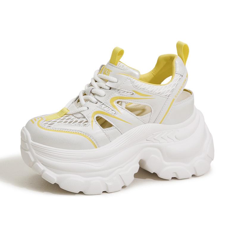 9CM Breathable Leather Women Sandals Vulcanized Mesh Chunky Shoes 9CM Platform Gladiator Shoes High Heels Casual Summer Sneakers