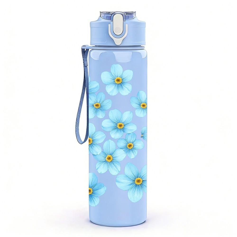 1PC Light Blue Small Flower 750ml Color Plastic Sports Water Bottle Leakproof Flip Straw Lid Suitable for Sports Office Home Use