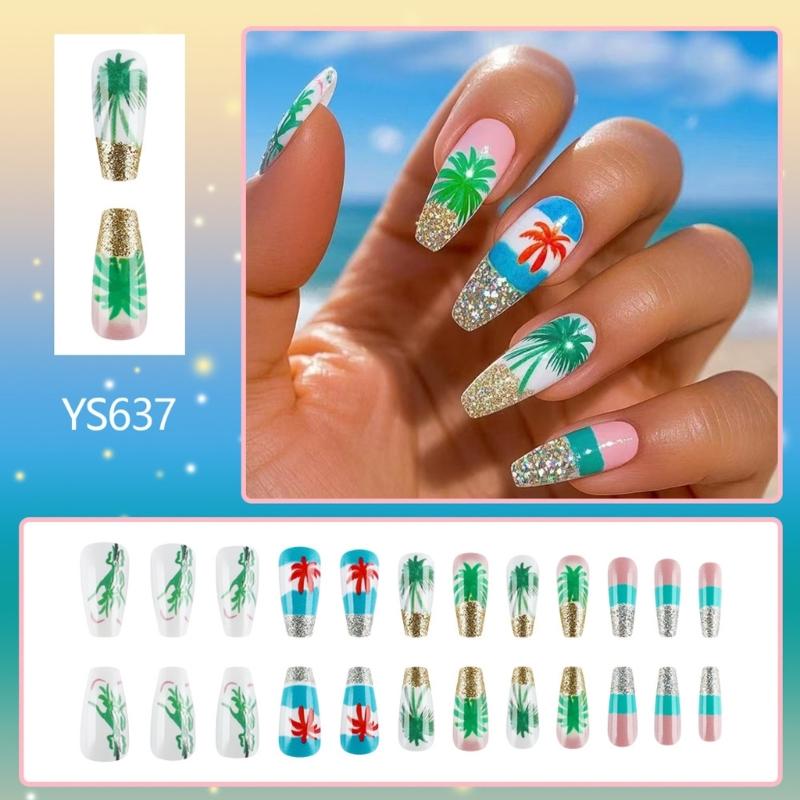 24 Pcs Summer Artificial Nail Long Ballerinas Full Cover False Nail Glittering Stick on Nail Coconut Tree Press On Nail