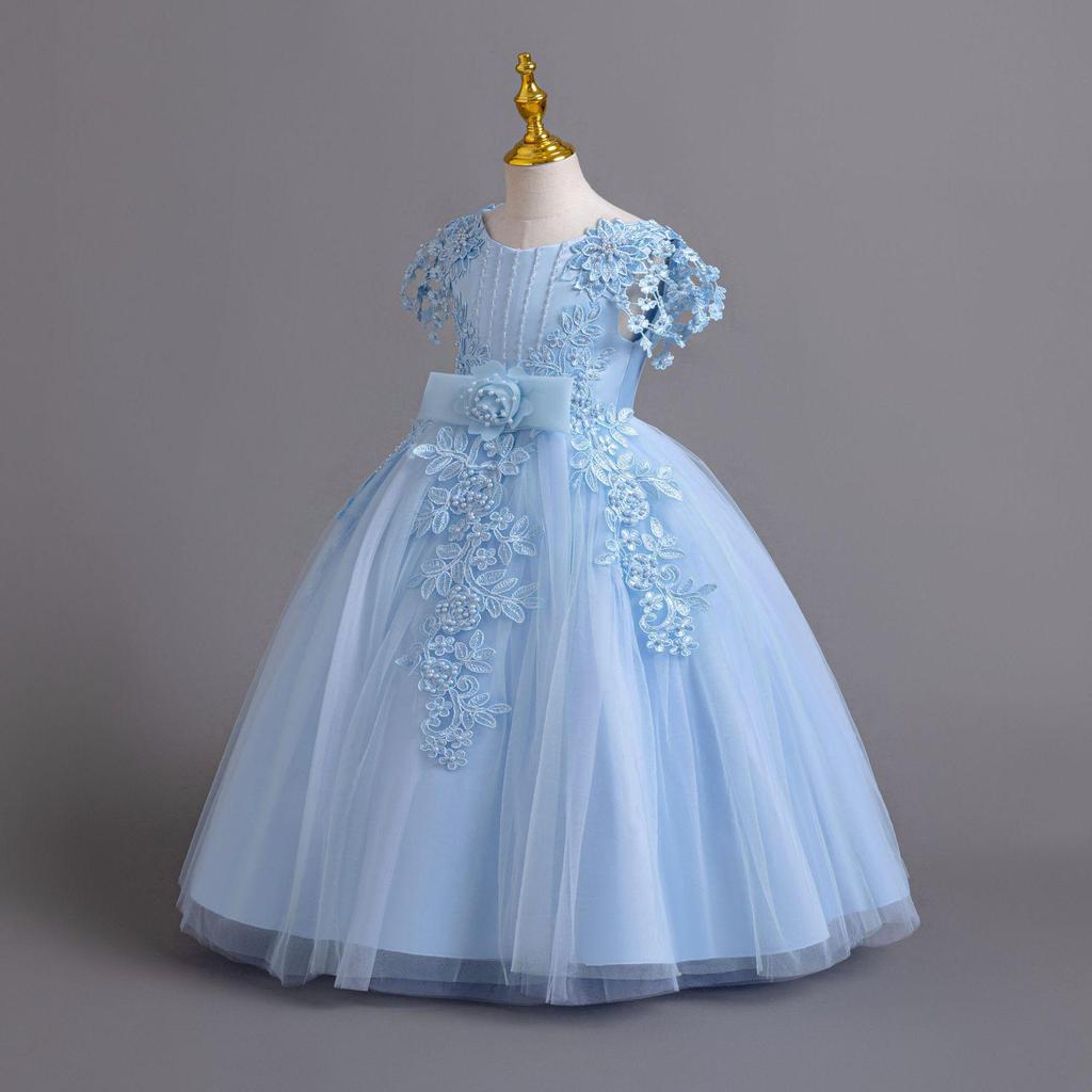Girls' European and American Style Long Skirt Tie-Up Wedding Princess Dress - High-End Formal Graduation Party Dress