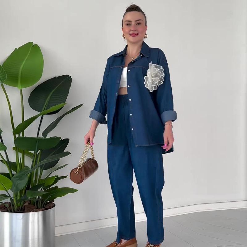 2024 Autumn Women's Distressed Water System Fashion 3D Applique Casual Long Pants Set