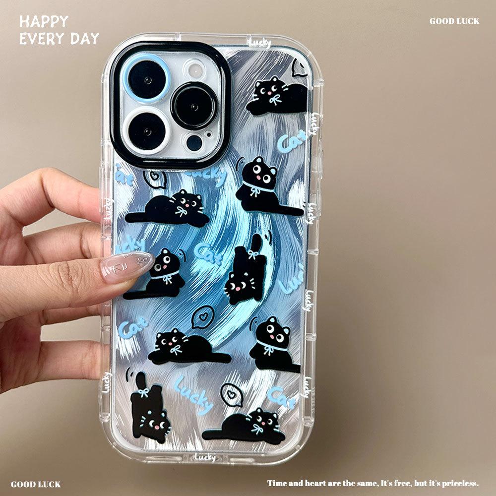 Gradually Dyed Feather Yarn Small Black Cat Food Suitable for Apple 16 Protective Cover Iphone15 Mobile Phone Case 14 Soft Edge 13 Niche