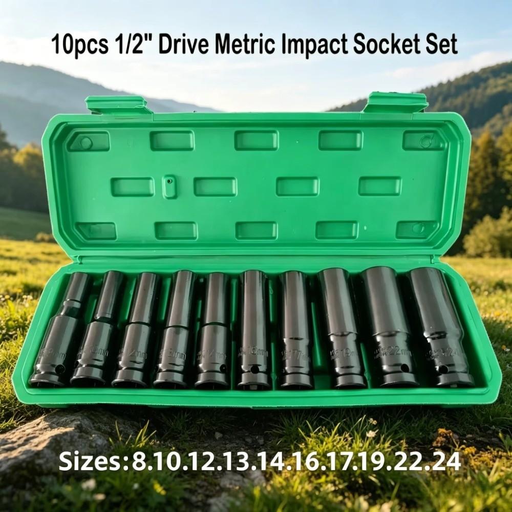 10Pcs 1/2 Inch Drive Deep Impact Socket Set Metric 8-24mm Deep Socket Set Automotive Maintenance
