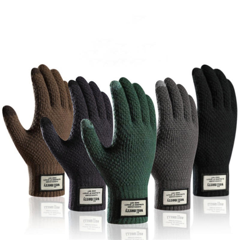 Men Winter Oversized Touch Screen Knitted Gloves Thick Plush Jacquard Windproof Warm Full Finger Thermal Mittens