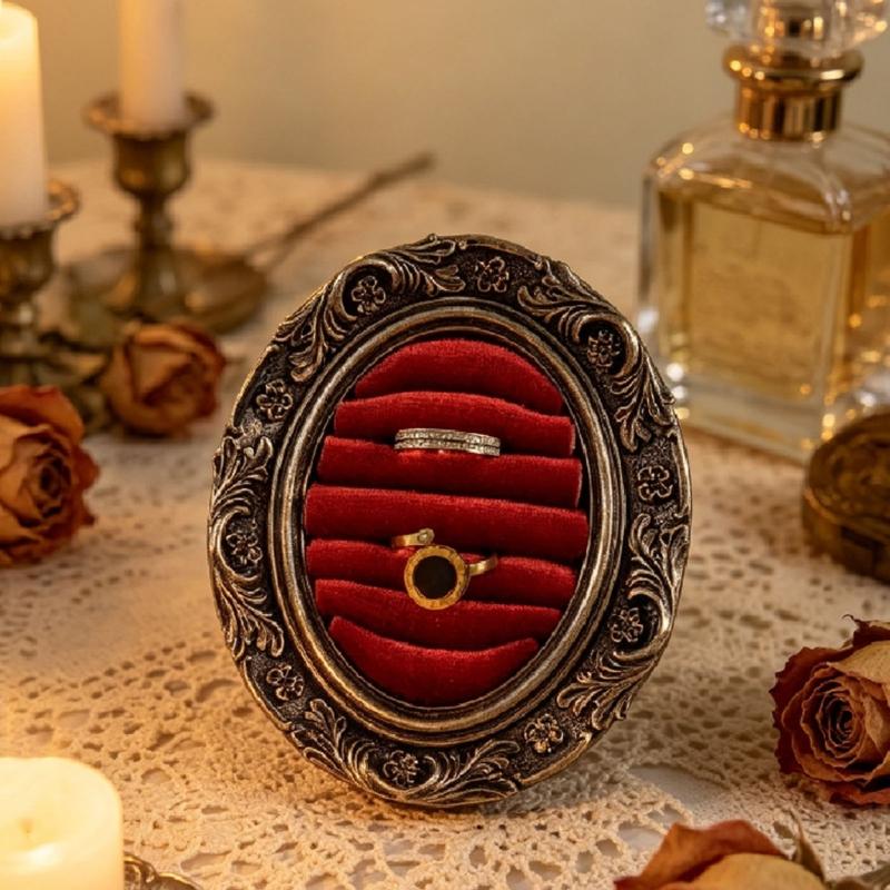 Ring Display Tray with Multiple Horizontal Slots, Ornate Oval Scrollwork Frame and Flat Base for Tabletop Presentation